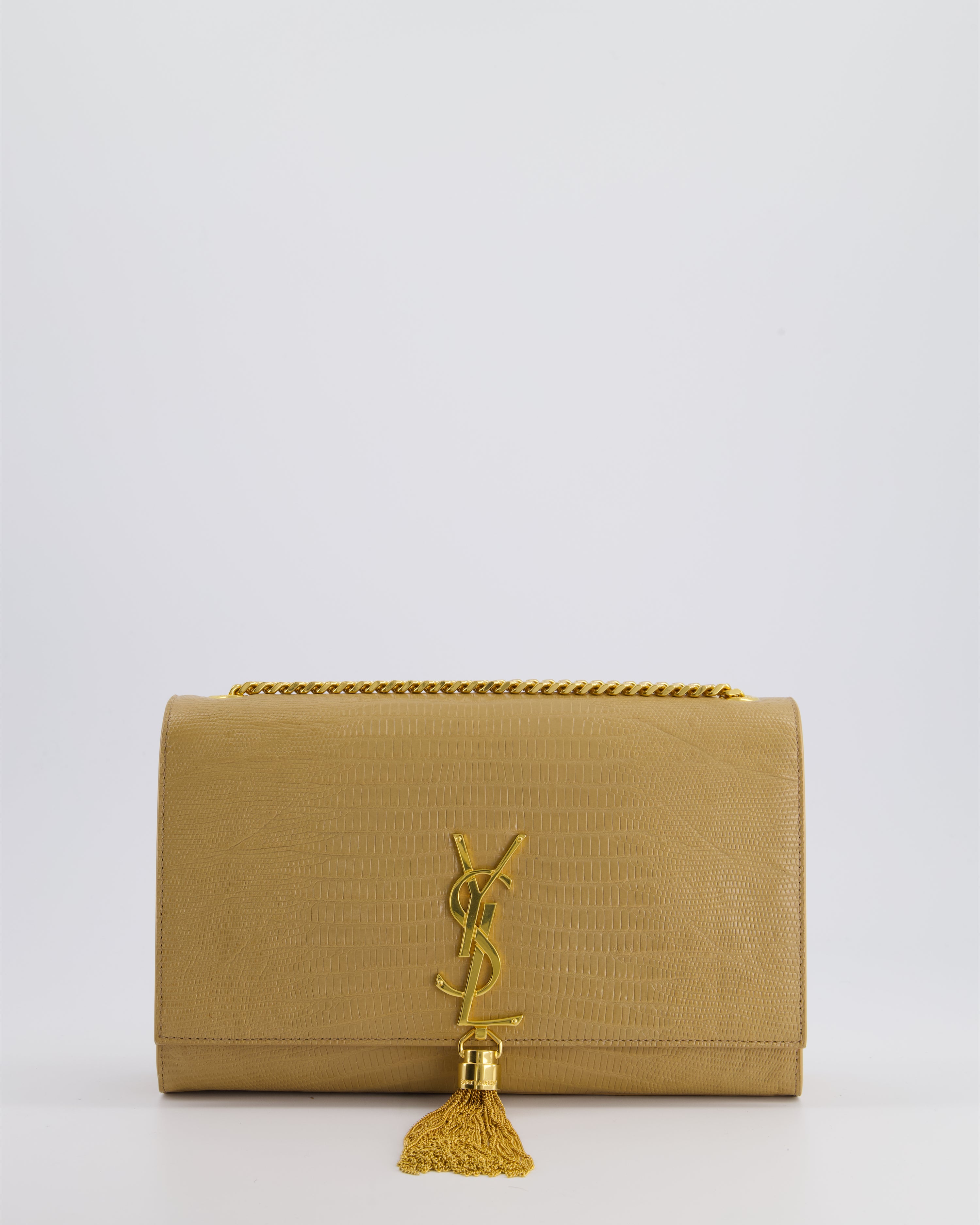 Saint Laurent Beige Lizard Embossed Kate Tassel Bag with Gold