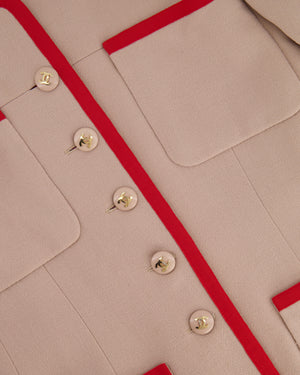 Chanel 1980's Vintage Wool Beige and Red Jacket with Gold CC Button Details Size FR 38 (UK 10)