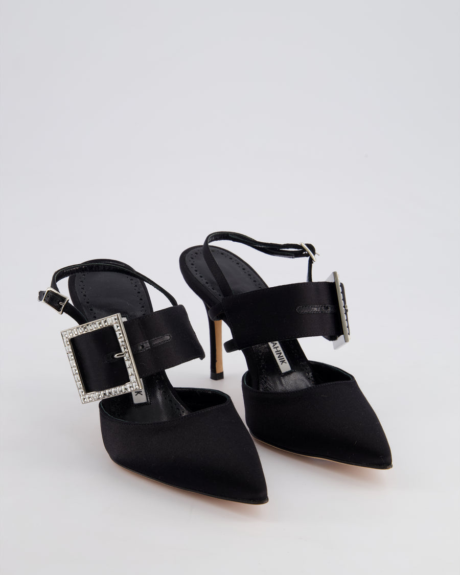 Manolo Blahnik Black Satin Bimixpla Embellished Slingback Shoes Size EU 35