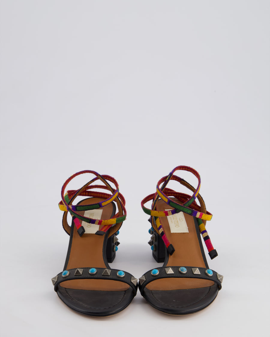 Valentino Black Leather Studded Sandals with Multicolour Ankle Wrap Size EU 35