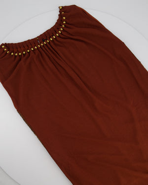 Gucci Vintage Rust Brown Sleeveless Midi Dress With Gold Beaded Neckline Detail Size Large UK 12