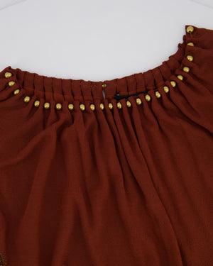 Gucci Vintage Rust Brown Sleeveless Midi Dress With Gold Beaded Neckline Detail Size Large UK 12