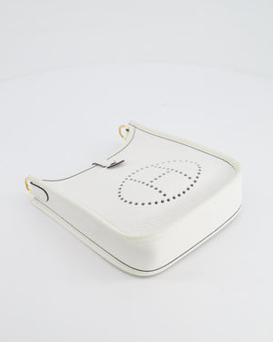 Hermès Mini Evelyne Bag in White Clemence Leather with Gold Hardware and White Canvas Strap