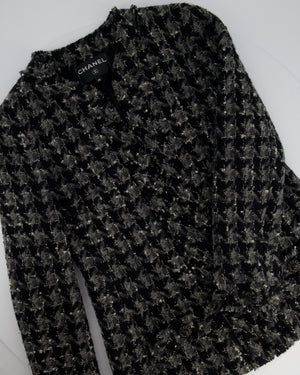 Chanel Black, Grey Tweed Large Houndstooth Jacket with Front Pockets and Black Leather Button Details, Size FR 38 (UK 10)