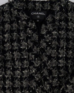 Chanel Black, Grey Tweed Large Houndstooth Jacket with Front Pockets and Black Leather Button Details, Size FR 38 (UK 10)