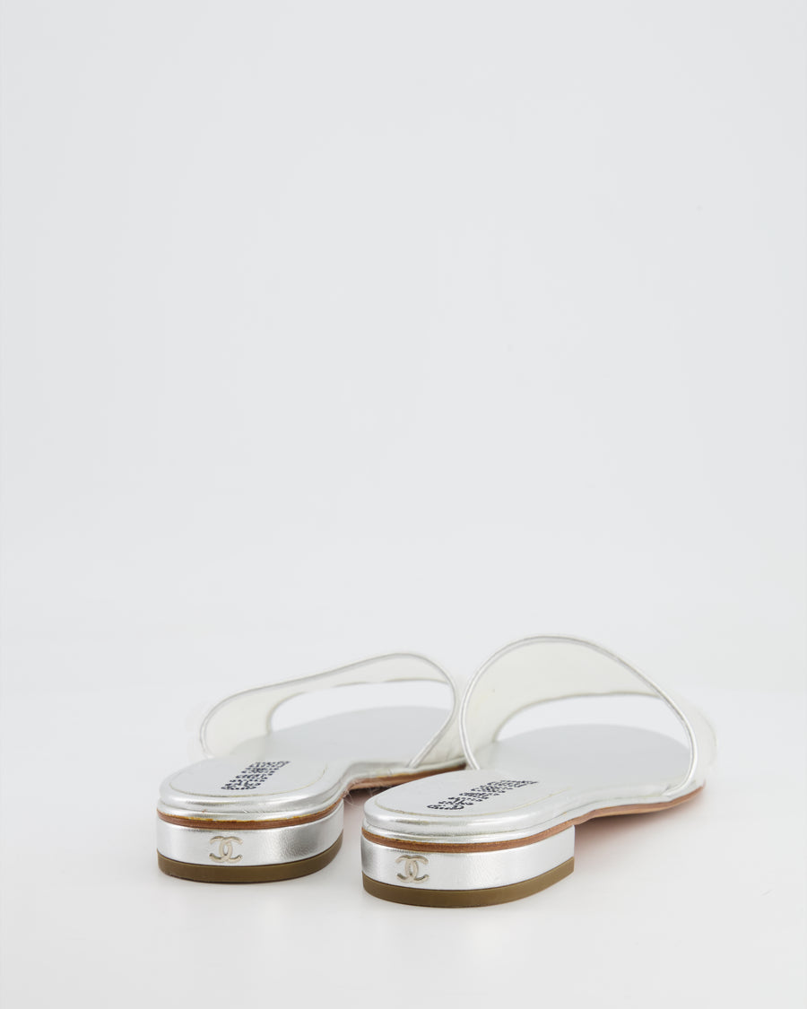 Chanel Silver Sequin Leather Mules with Silver CC Logo Detail Size 40