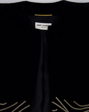 Saint Laurent Black Velvet Cropped Blazer Jacket With Silver Chain Detail Size FR 38 (UK 10)