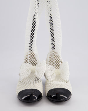Chanel White Fishnet Knee High Boots With Bow and Pearl CC Detail Size EU 37.5