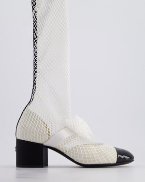 Chanel White Fishnet Knee High Boots With Bow and Pearl CC Detail Size EU 37.5