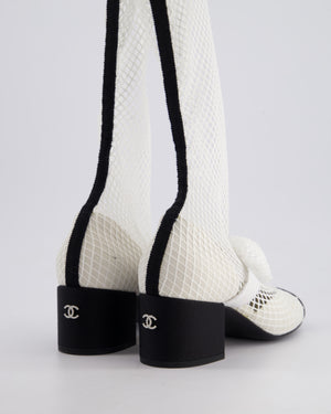 Chanel White Fishnet Knee High Boots With Bow and Pearl CC Detail Size EU 37.5