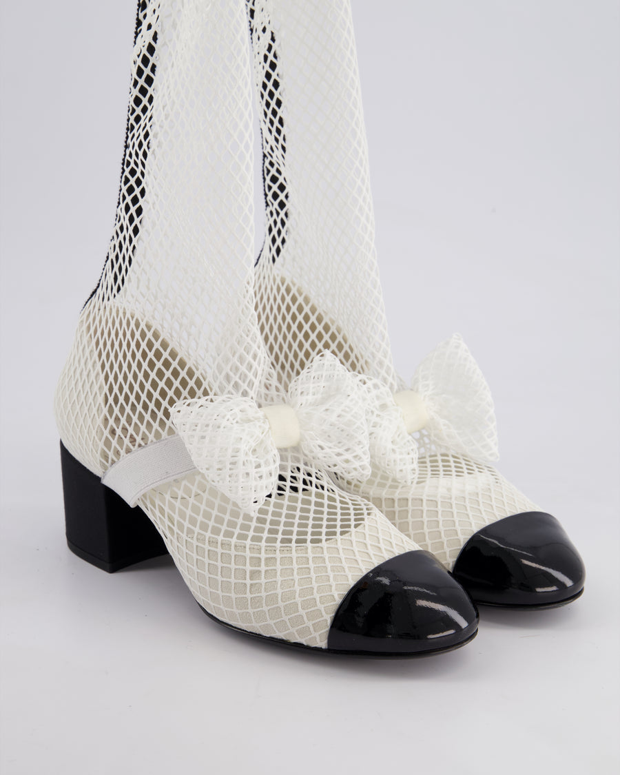 Chanel White Fishnet Knee High Boots With Bow and Pearl CC Detail Size EU 37.5
