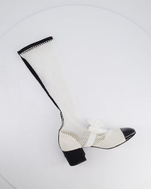 Chanel White Fishnet Knee High Boots With Bow and Pearl CC Detail Size EU 37.5