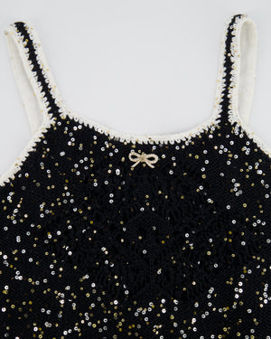 Chanel SS/23 Black Sequin Embellished Mini Dress with Bow and CC Crystal Buttons Details Size FR 36 (UK 8)