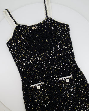 Chanel SS/23 Black Sequin Embellished Mini Dress with Bow and CC Crystal Buttons Details Size FR 36 (UK 8)