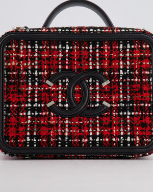 Chanel Black and Red Medium CC Filigree Vanity Case Bag in Tweed with Silver Hardware and Chain Detail