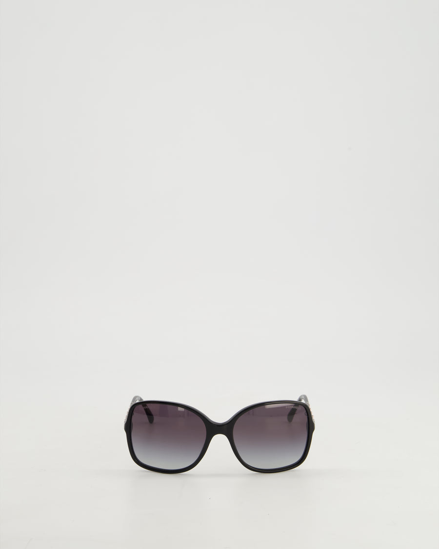 Chanel Black Square Frame Sunglasses With Silver and Pink Woven Patent Leather Chain Detail