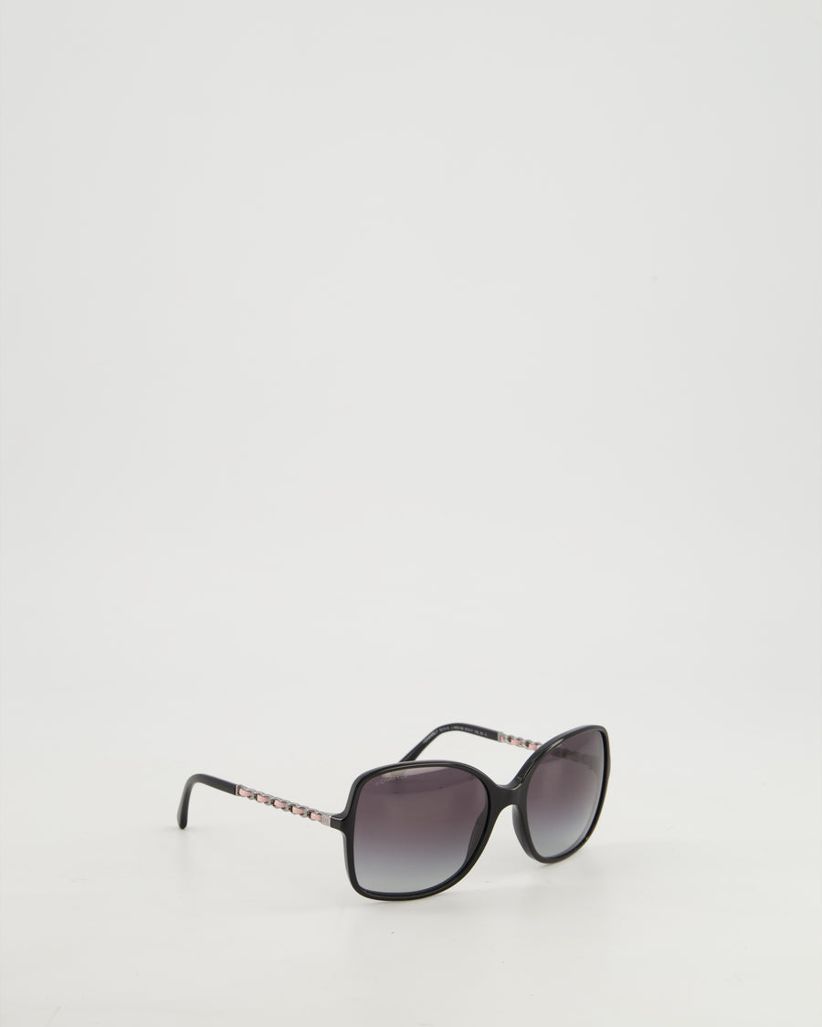Chanel Black Square Frame Sunglasses With Silver and Pink Woven Patent Leather Chain Detail