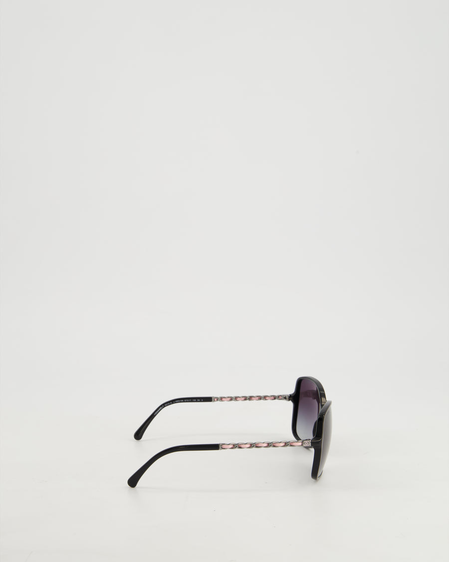 Chanel Black Square Frame Sunglasses With Silver and Pink Woven Patent Leather Chain Detail
