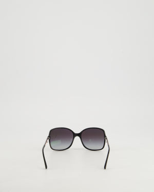 Chanel Black Square Frame Sunglasses With Silver and Pink Woven Patent Leather Chain Detail