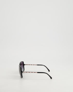 Chanel Black Square Frame Sunglasses With Silver and Pink Woven Patent Leather Chain Detail