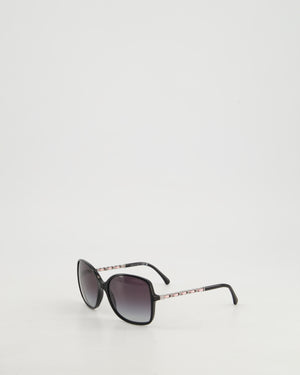 Chanel Black Square Frame Sunglasses With Silver and Pink Woven Patent Leather Chain Detail