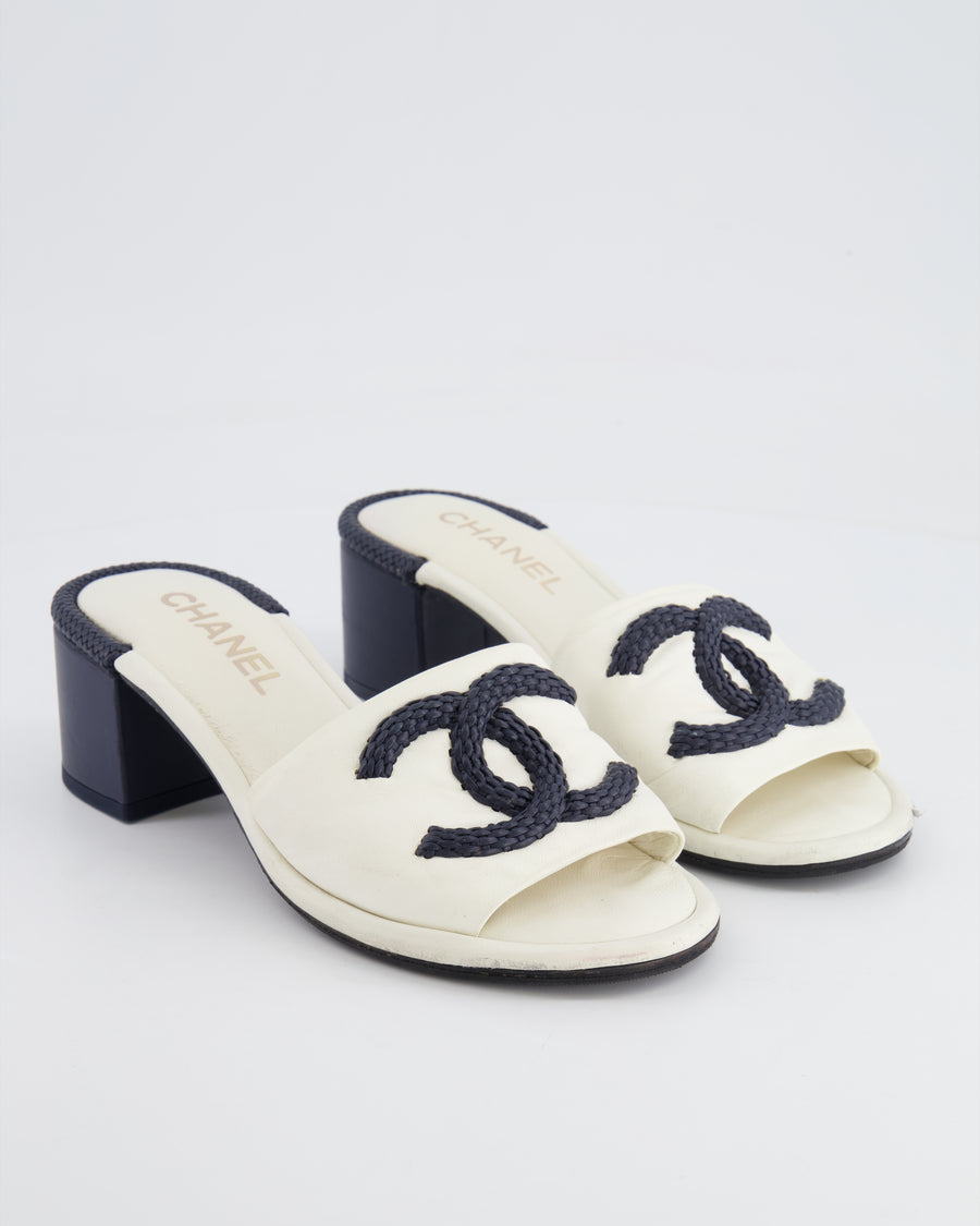 Chanel White and Navy Braided CC Logo Heeled Mules Size EU 38
