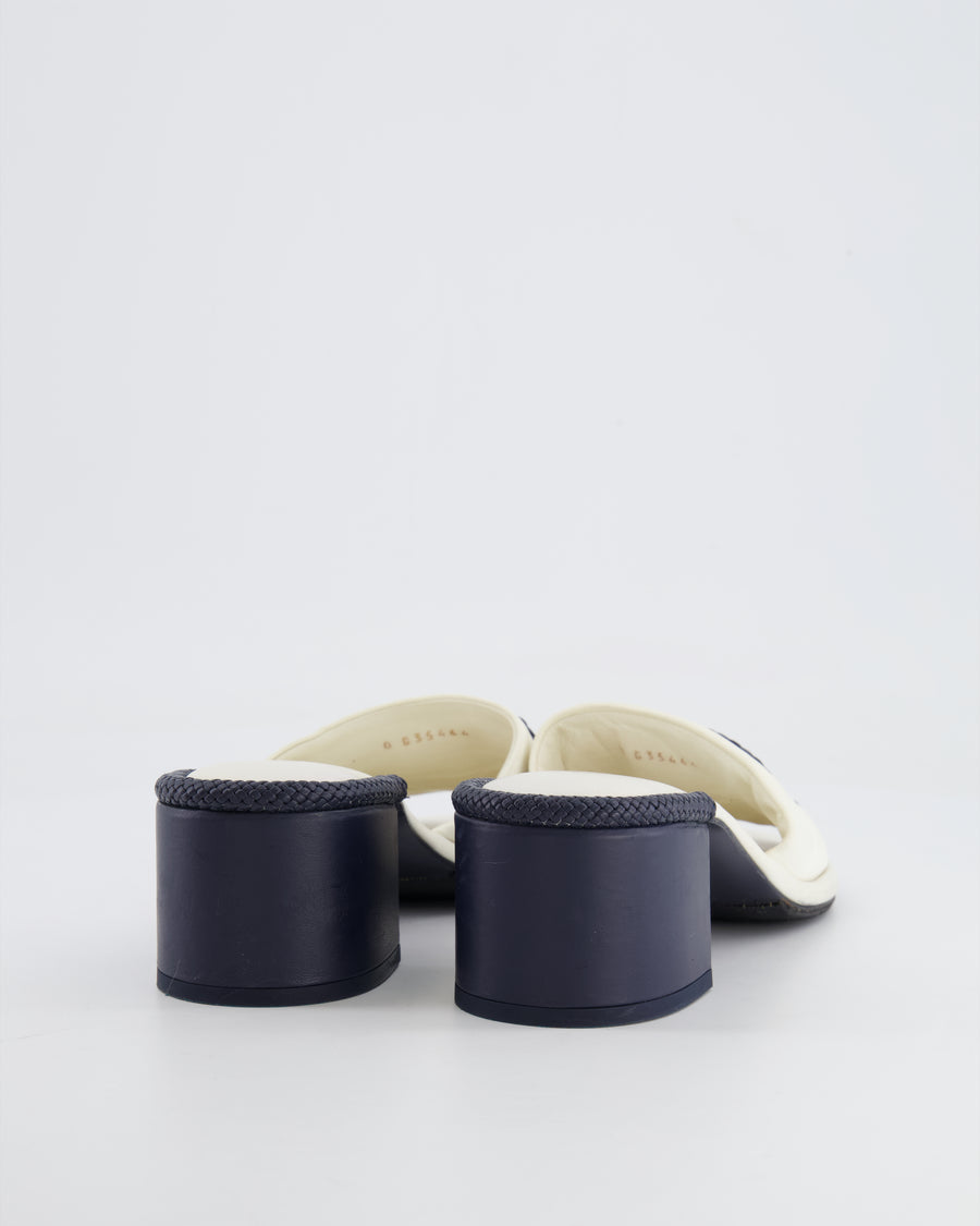 Chanel White and Navy Braided CC Logo Heeled Mules Size EU 38