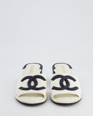 Chanel White and Navy Braided CC Logo Heeled Mules Size EU 38