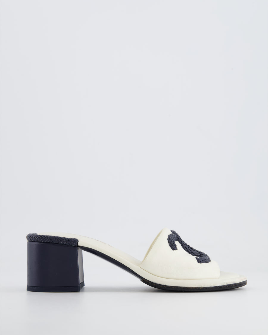 Chanel White and Navy Braided CC Logo Heeled Mules Size EU 38