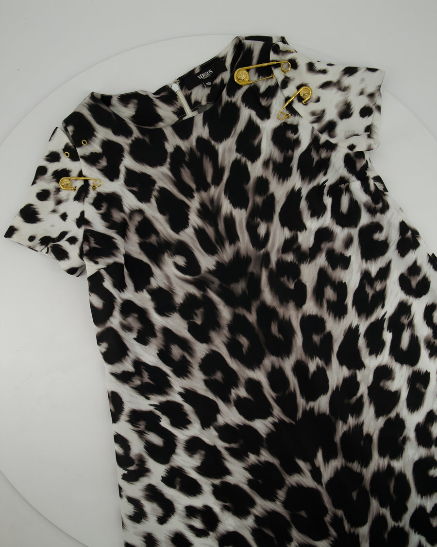 Versus Versace Black, White Leopard Print Dress with Gold Pin Detail Size IT 38 (UK 6)