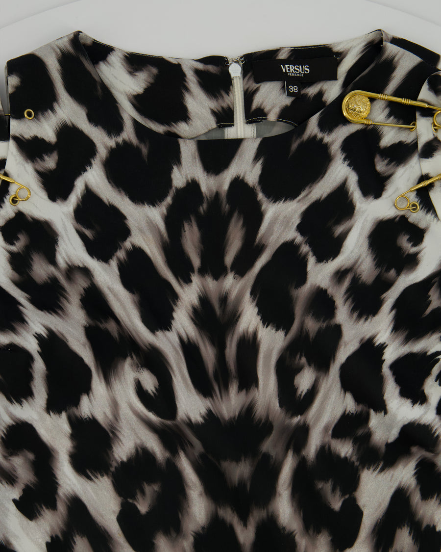 Versus Versace Black, White Leopard Print Dress with Gold Pin Detail Size IT 38 (UK 6)