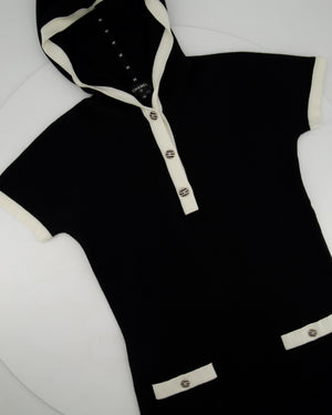 Chanel Black and White Short Sleeve Knitted Hoodie Dress with Crystal Buttons and Pocket Detail Size FR 34 (UK 6)