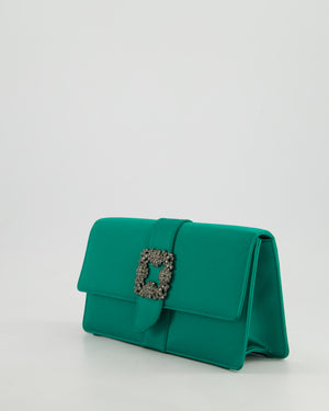 Manolo Blahnik Green Satin Clutch Bag with Crystal Brooch Detail