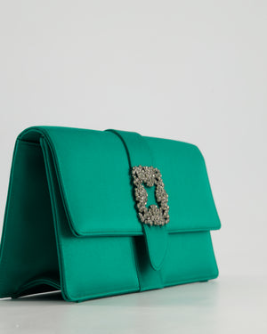 Manolo Blahnik Green Satin Clutch Bag with Crystal Brooch Detail