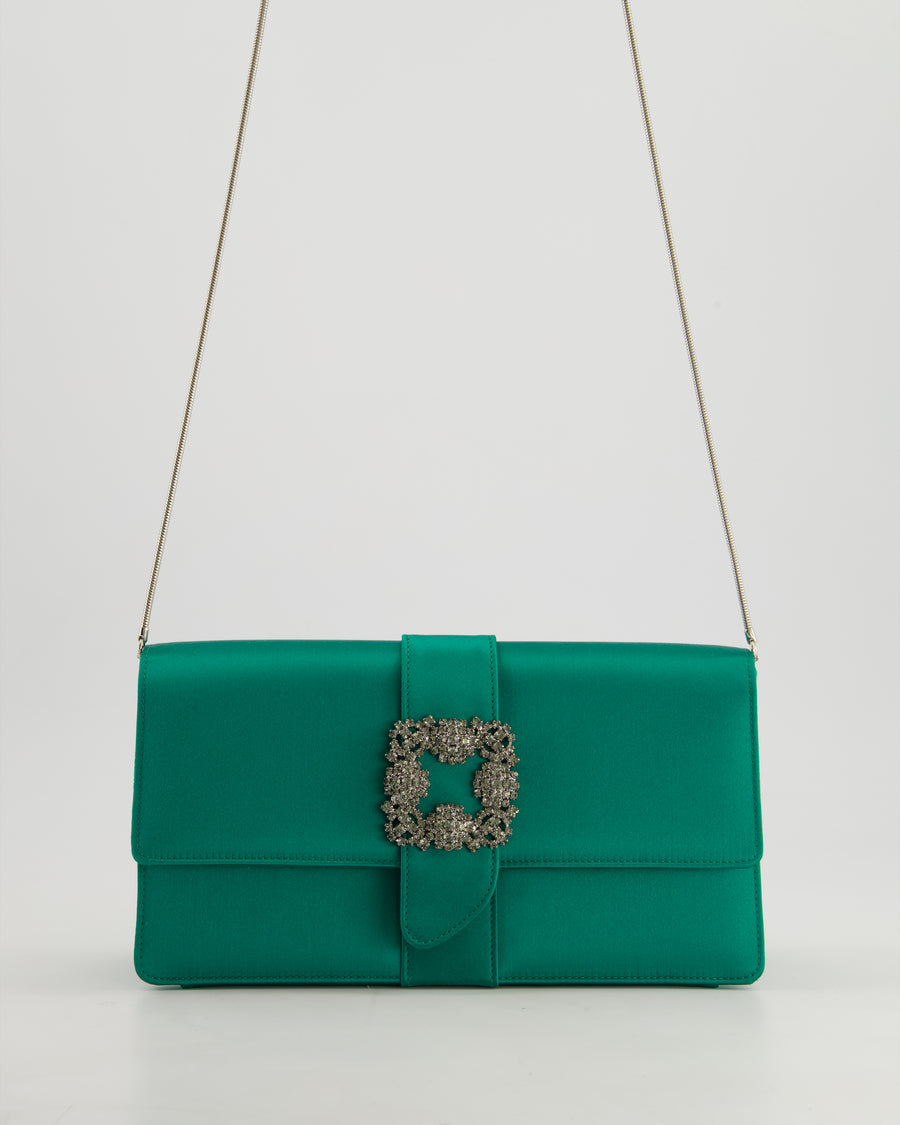 Manolo Blahnik Green Satin Clutch Bag with Crystal Brooch Detail