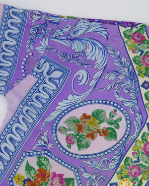 Gianni Versace Couture 90's Purple and Multicolour Silk Floral Lace Baroque Shirt with Gold Buttons Size IT 44 (UK 12)