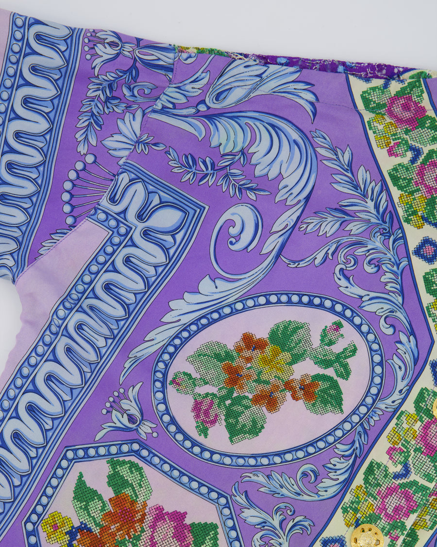 Gianni Versace Couture 90's Purple and Multicolour Silk Floral Lace Baroque Shirt with Gold Buttons Size IT 44 (UK 12)