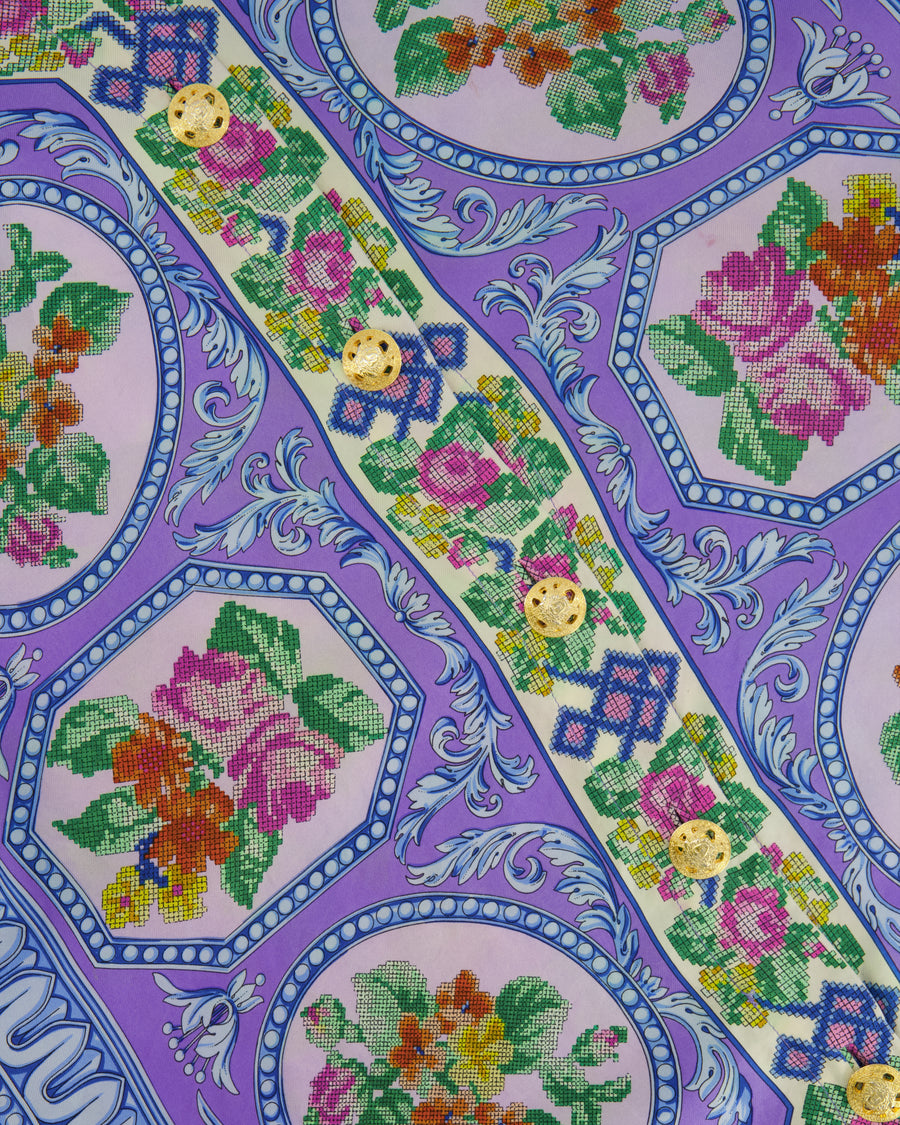 Gianni Versace Couture 90's Purple and Multicolour Silk Floral Lace Baroque Shirt with Gold Buttons Size IT 44 (UK 12)