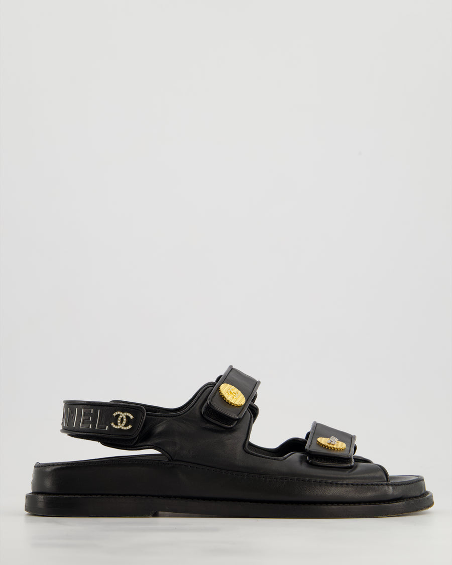 Chanel Black Lambskin Leather Dad Sandals with Gold CC Logo Size EU 37.5C