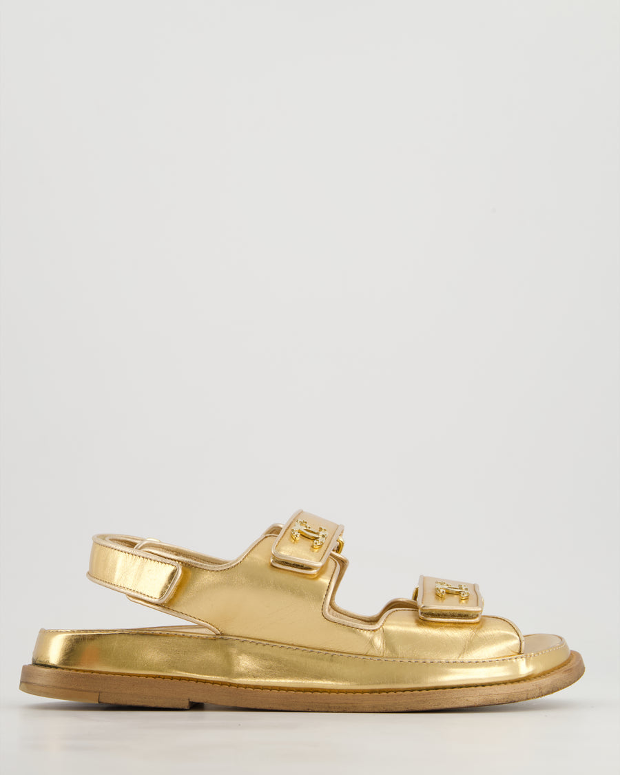 Chanel Gold Lambskin Leather Dad Sandals with Gold CC Logo Size EU 37.5C