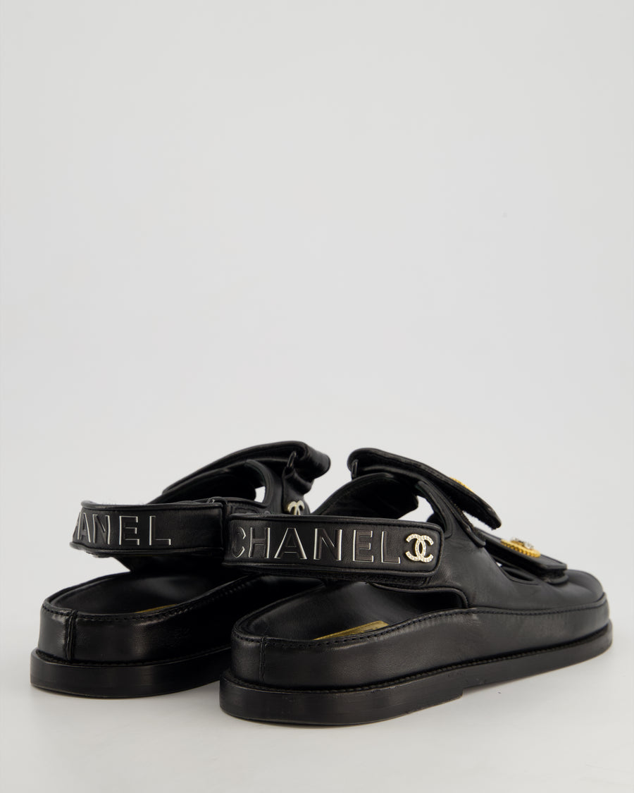 Chanel Black Lambskin Leather Dad Sandals with Gold CC Logo Size EU 37.5C