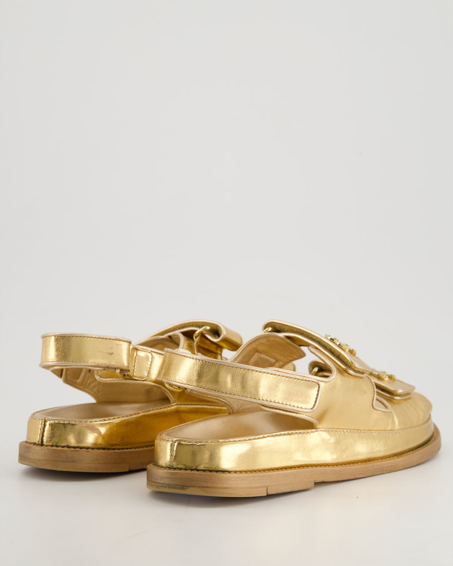 Chanel Gold Lambskin Leather Dad Sandals with Gold CC Logo Size EU 37.5C