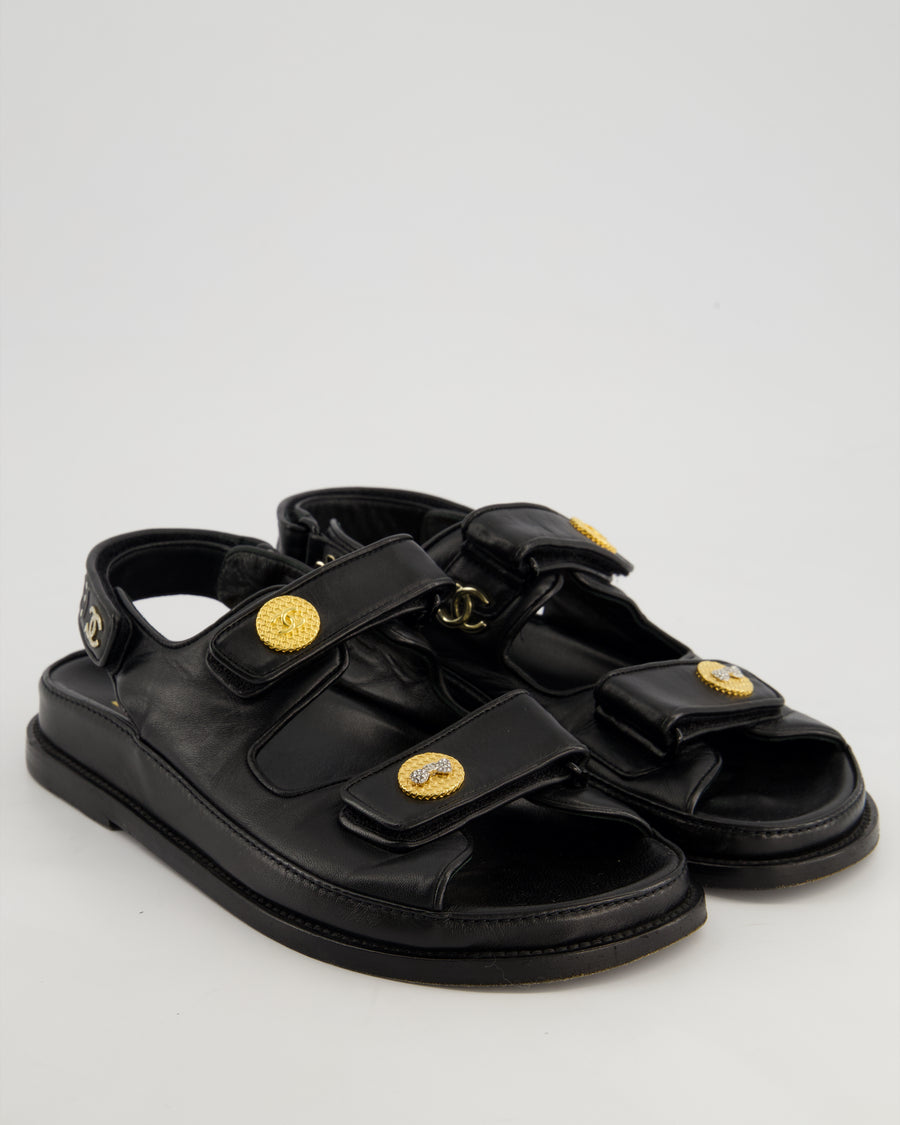 Chanel Black Lambskin Leather Dad Sandals with Gold CC Logo Size EU 37.5C