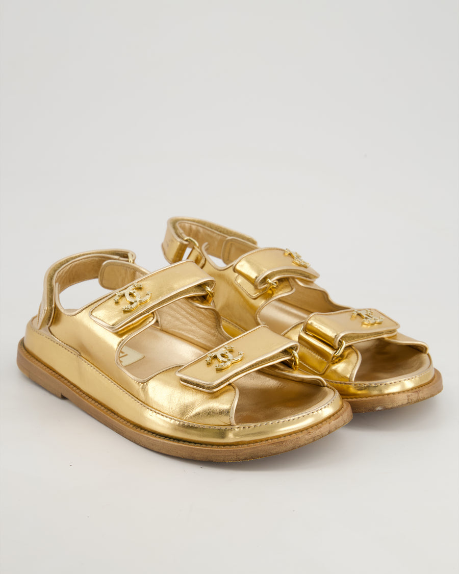 Chanel Gold Lambskin Leather Dad Sandals with Gold CC Logo Size EU 37.5C