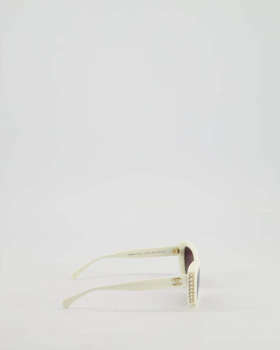 Chanel Cream Cat-Eye Frame Sunglasses With Black Lens and Pearl Detail