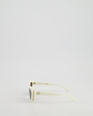 Chanel Cream Cat-Eye Frame Sunglasses With Black Lens and Pearl Detail