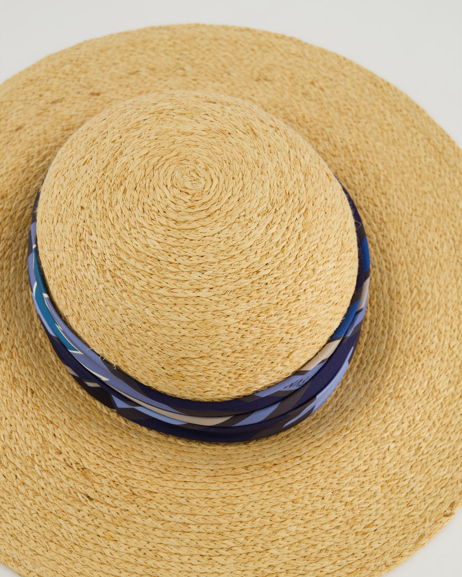 Hermès Beige Raffia Woven Hat with Blue Silk Detail Size 57