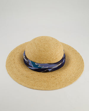 Hermès Beige Raffia Woven Hat with Blue Silk Detail Size 57