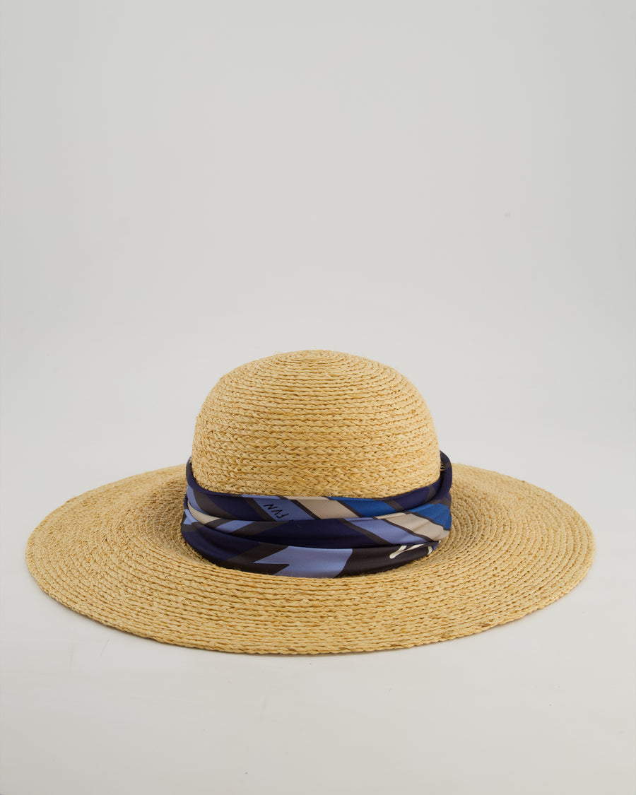 Hermès Beige Raffia Woven Hat with Blue Silk Detail Size 57