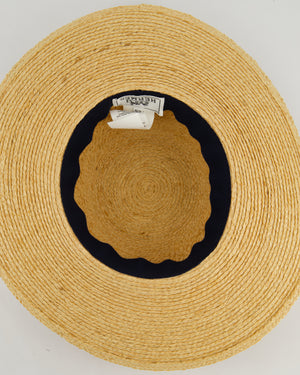 Hermès Beige Raffia Woven Hat with Blue Silk Detail Size 57